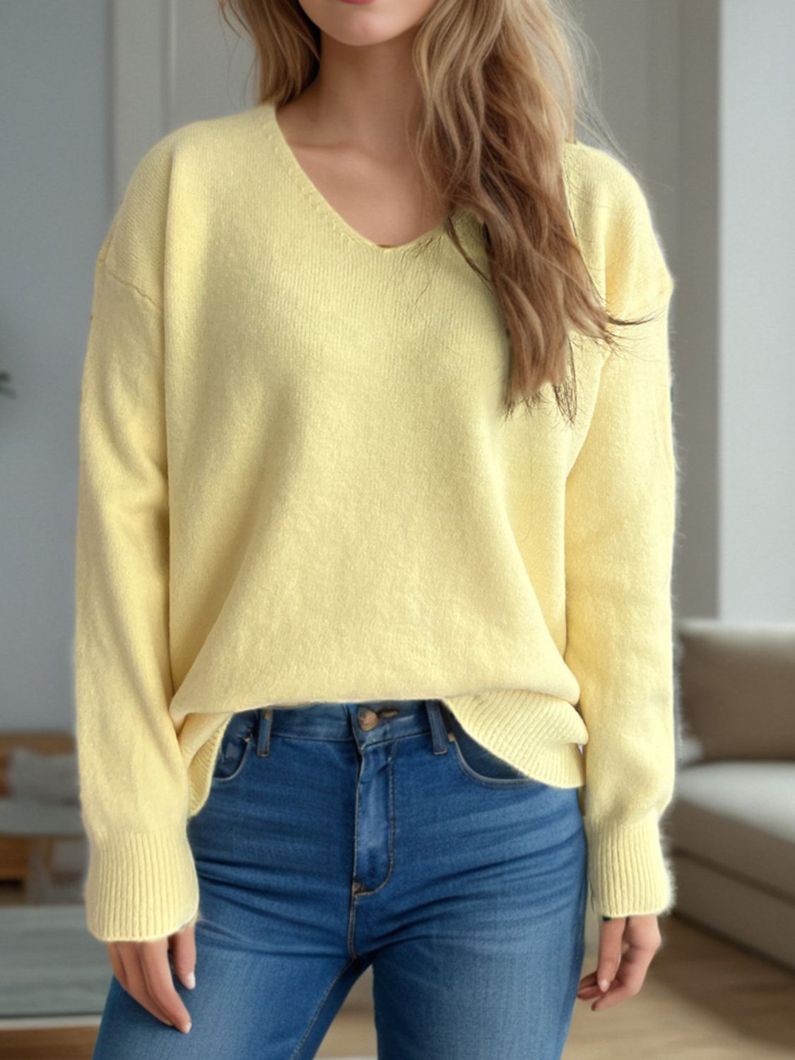 Outfit Flow - V-Neck Dropped Shoulder Long Sleeve Sweater