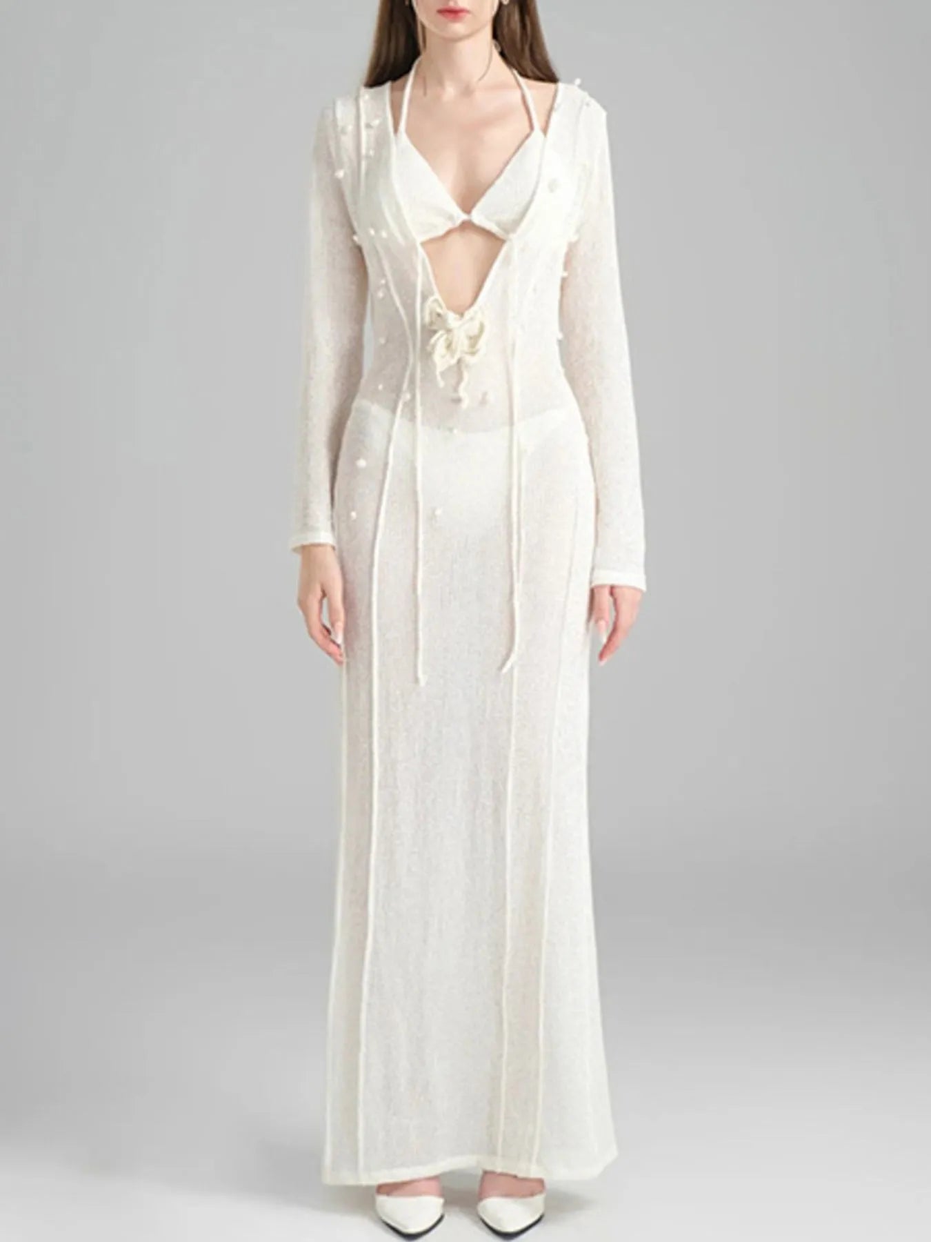 Pearl Detail Long Sleeve Knit Cover Up Dress OutfitFlow