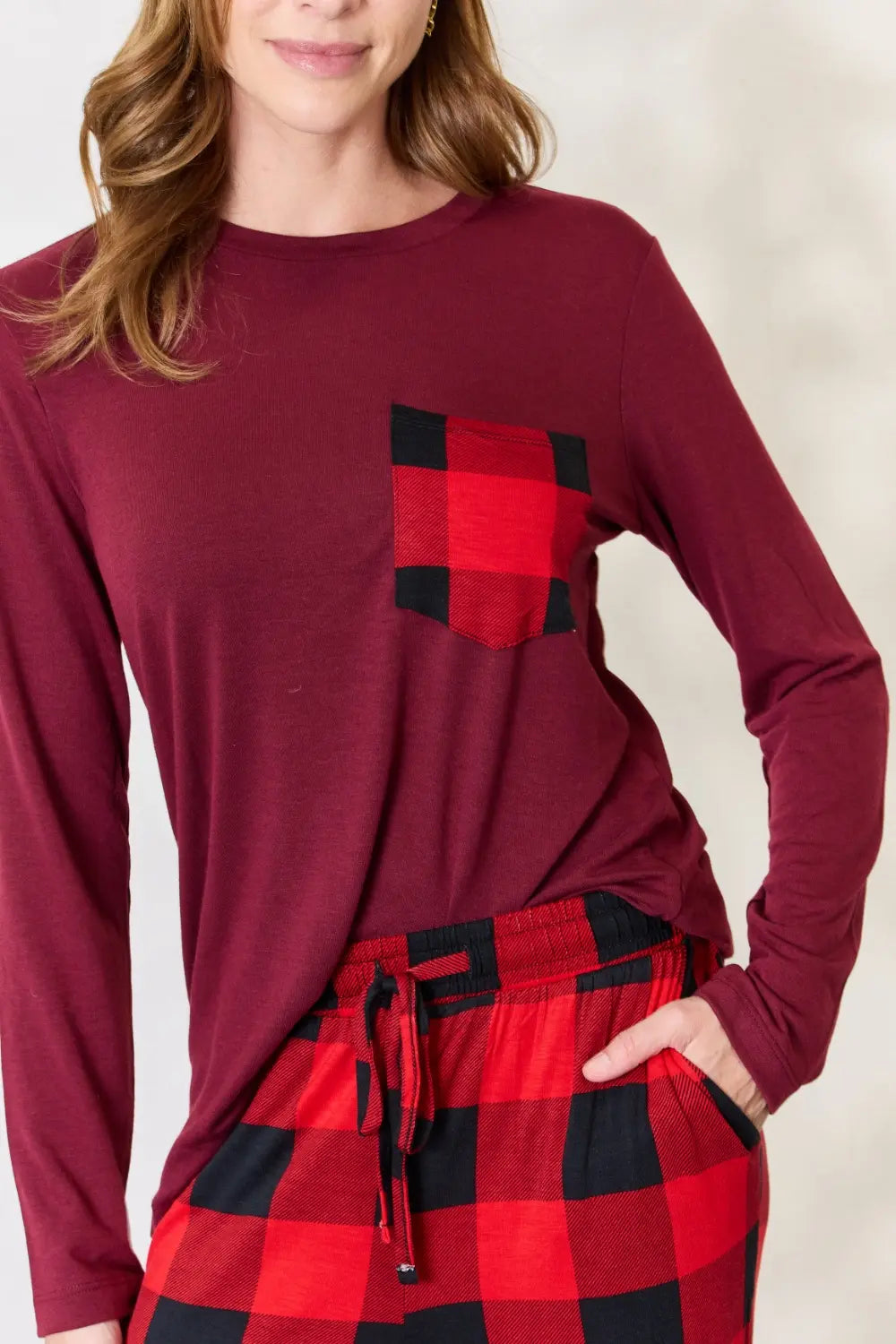 Zenana Full Size Plaid Round Neck Top and Pants Pajama Set OutfitFlow