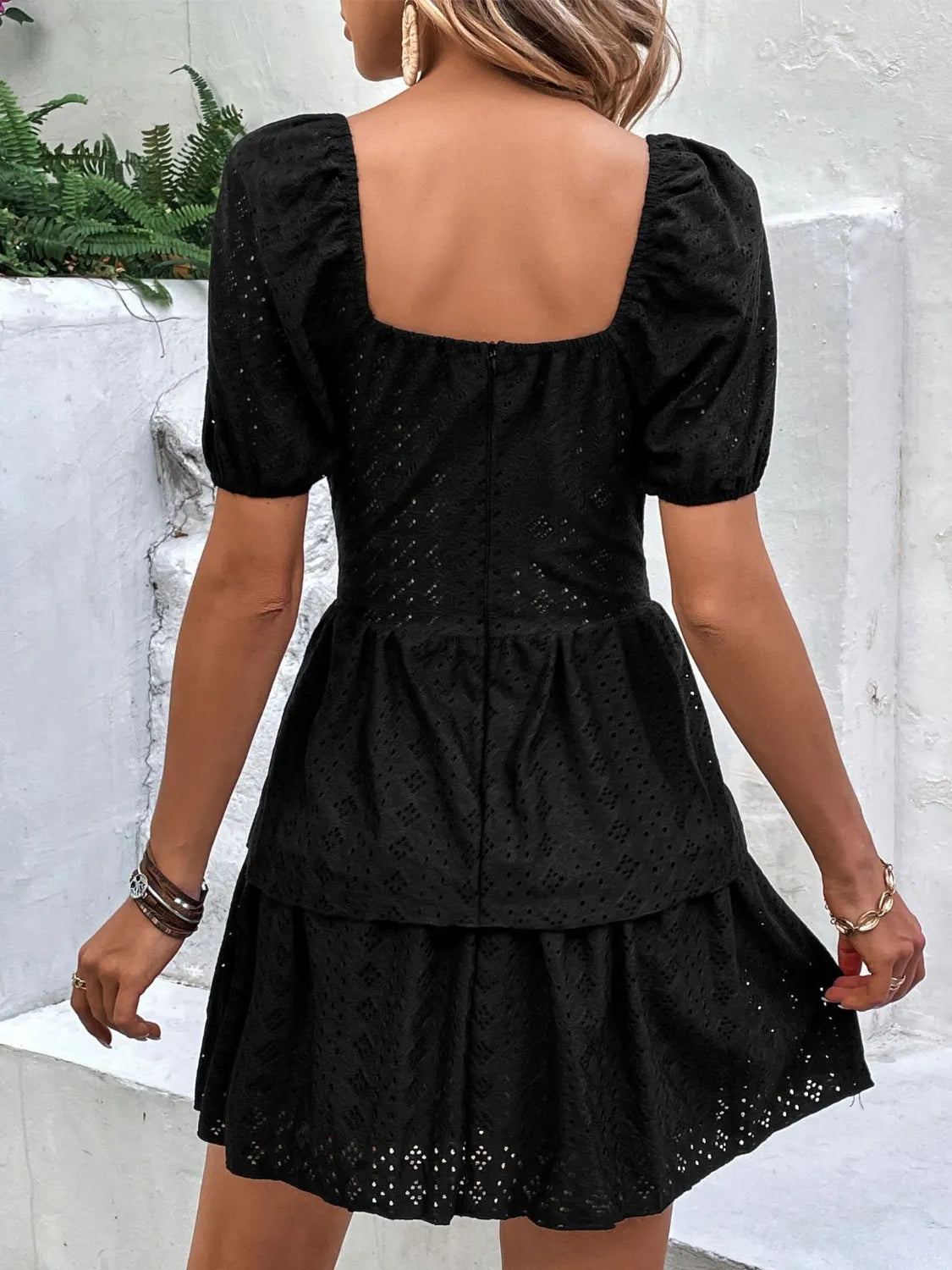 Layered Eyelet Short Sleeve Mini Dress OutfitFlow