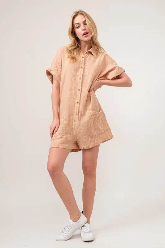 And The Why Washed Gauze Roll-up Sleeve Comfort Utility Romper OutfitFlow