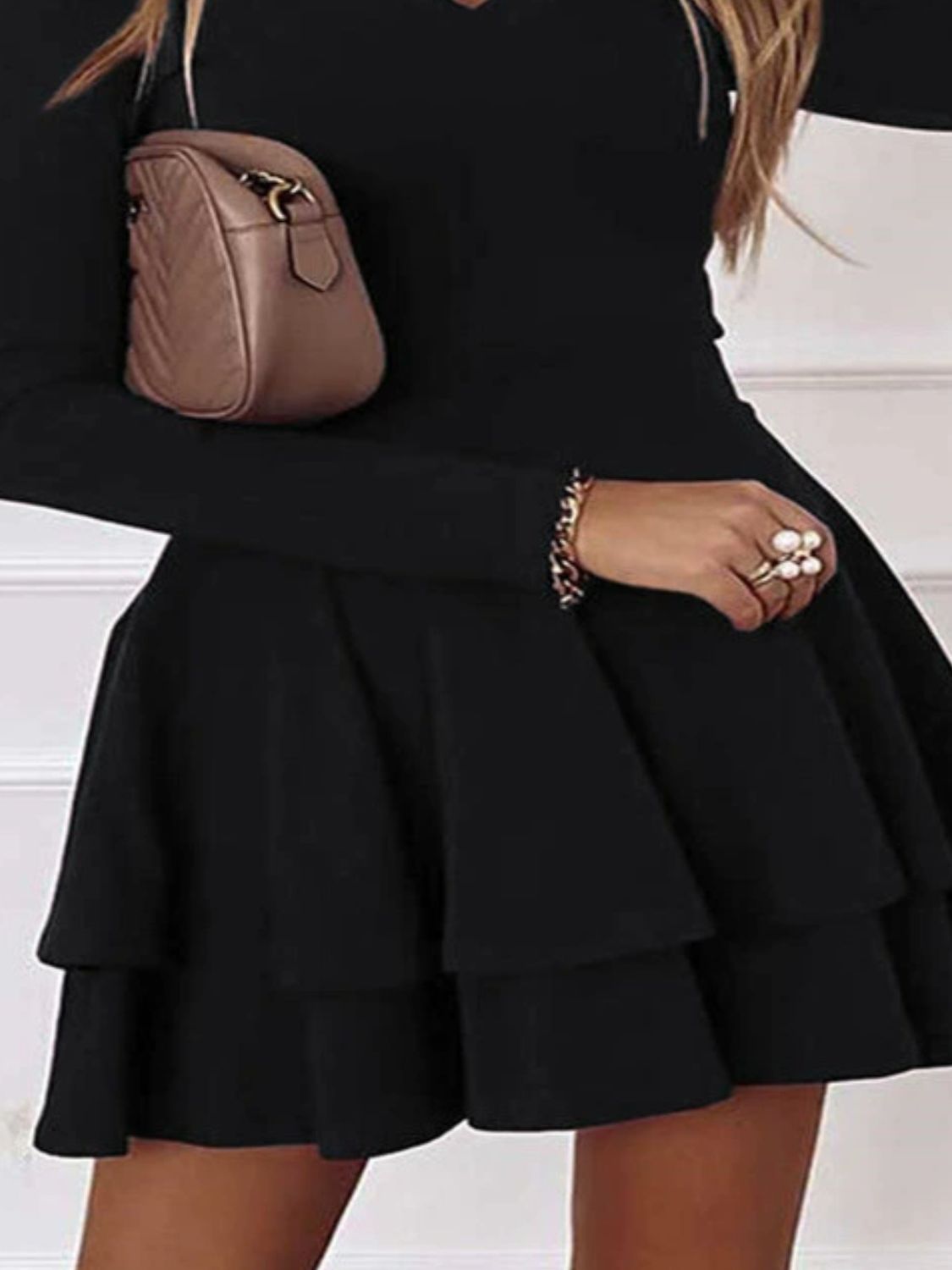 Plus Size Layered V-Neck Long Sleeve Mini Dress OutfitFlow