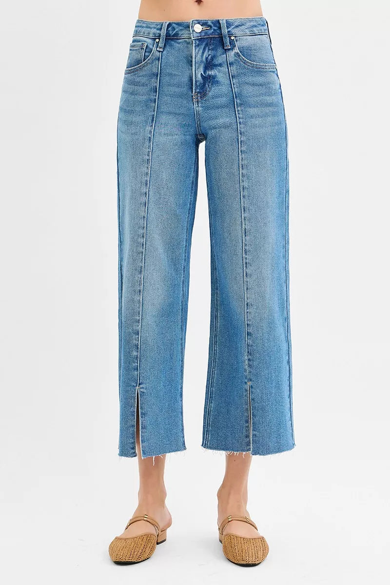 RISEN Tummy Control Mid Rise Crop Wide Front Slit Jeans OutfitFlow