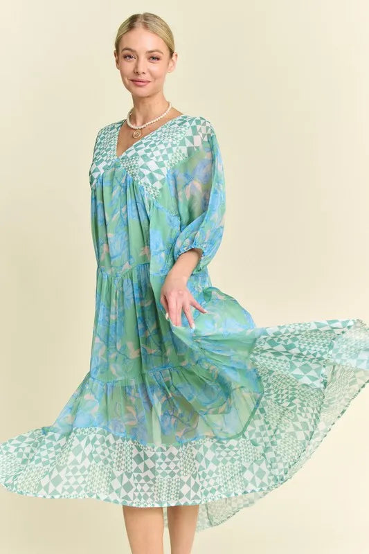 Davi & Dani Geo and Floral Print Mixed Tiered Dress OutfitFlow