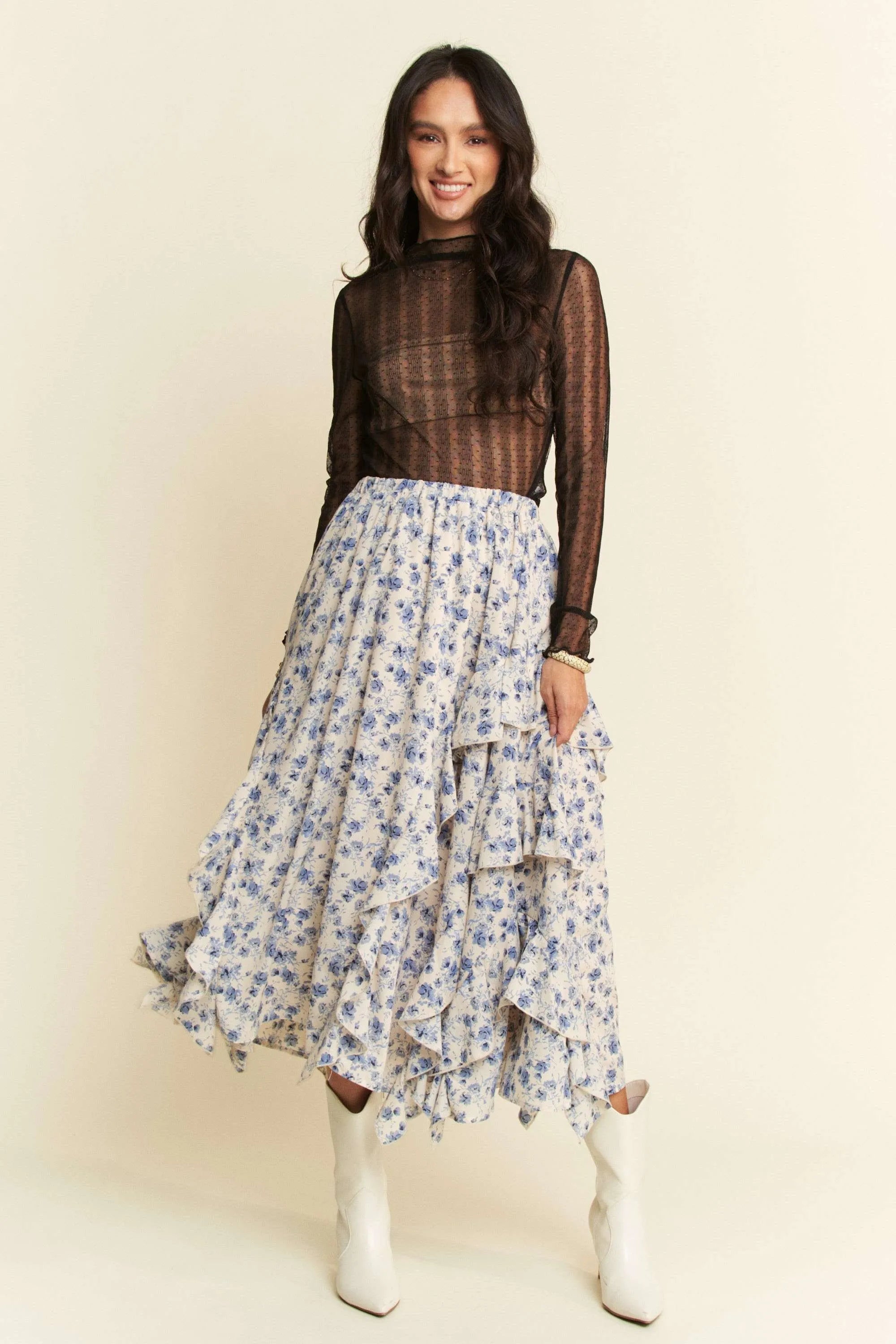 Davi & Dani Turtle Neck Lace Dotted Stretch Mesh Sheer Top OutfitFlow