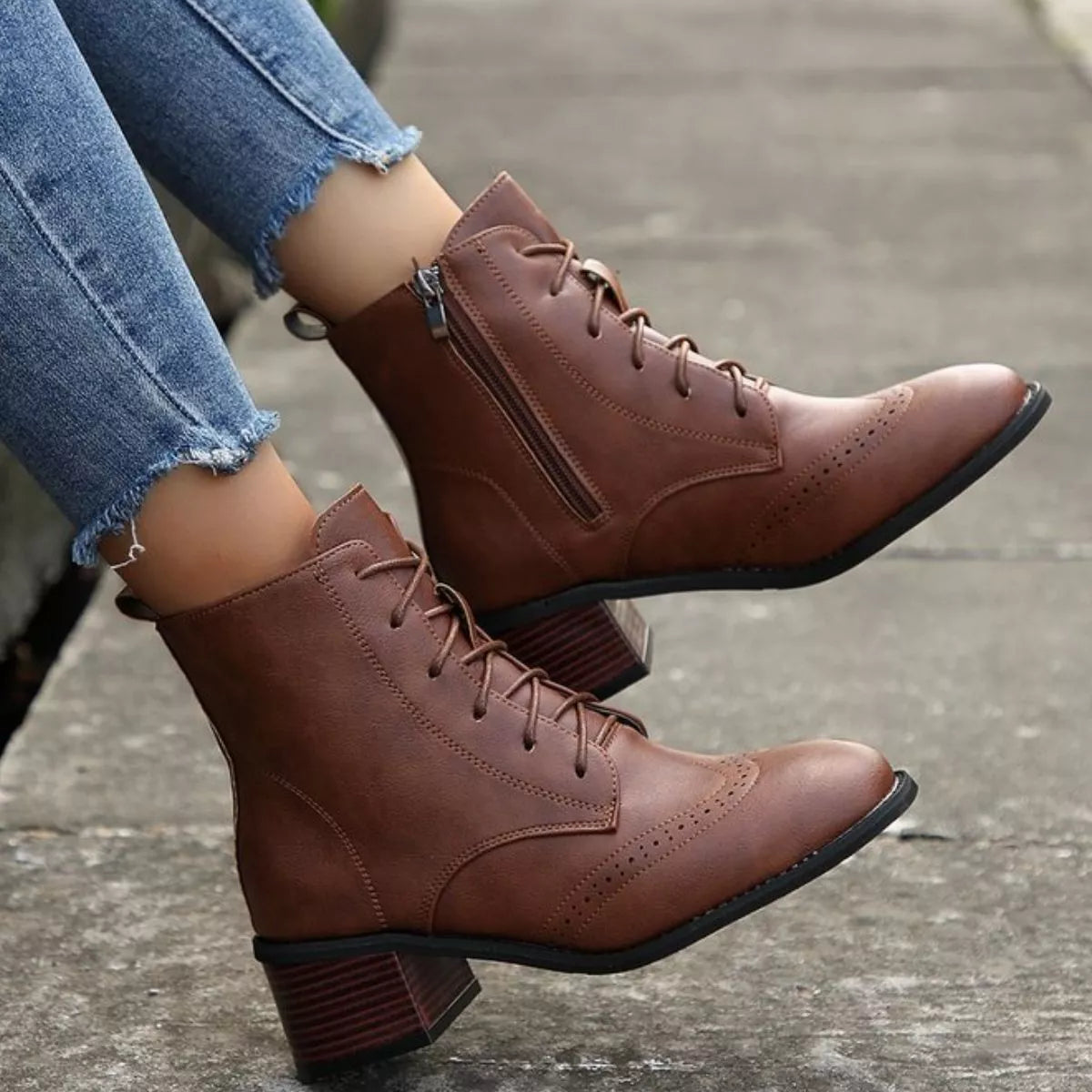 Lace-Up Ankle Boots with Zipper Trendsi