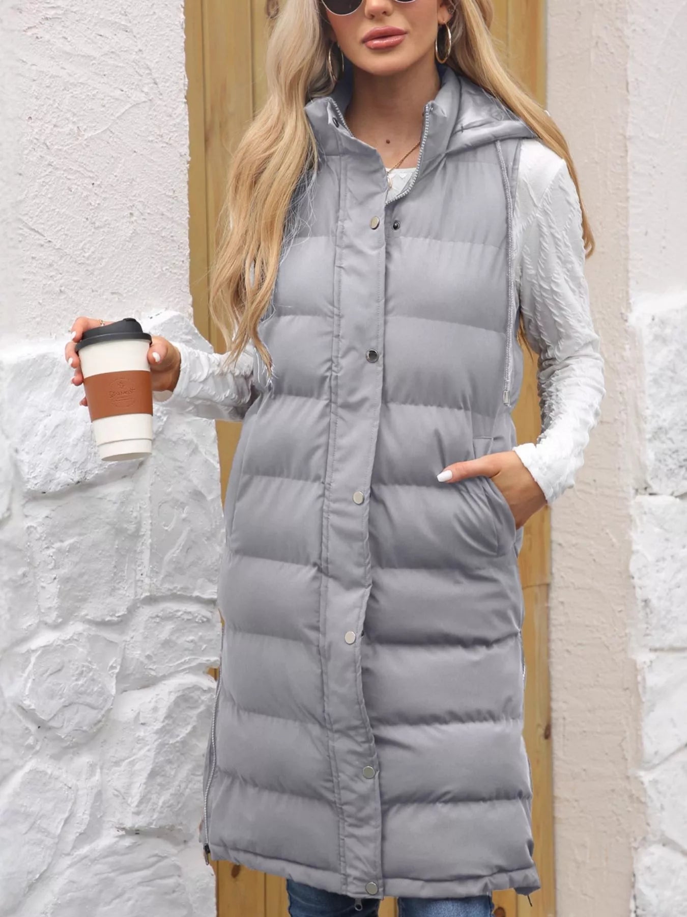 Full Size Snap Down Hooded Padded Longline Vest Coat Plus Size Light Gray OutfitFlow