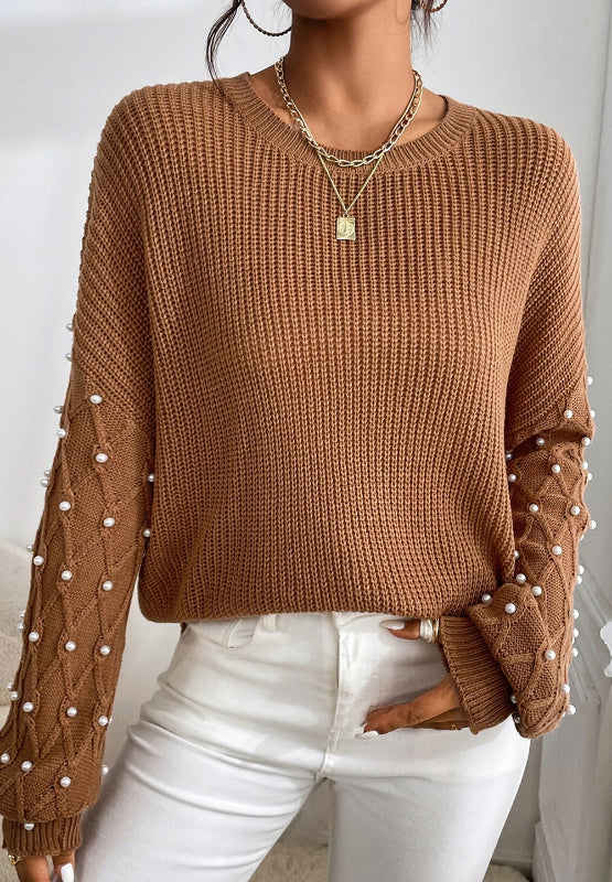 Outfit Flow - Pearl Detail Round Neck Long Sleeve Sweater