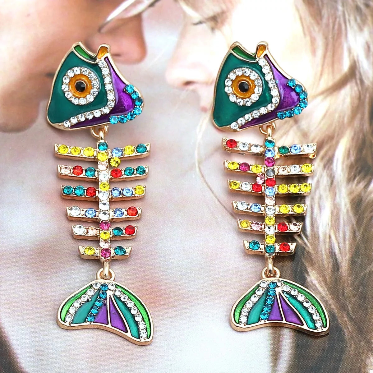 Rhinestone Colorful Fish Bone Statement Earrings OutfitFlow