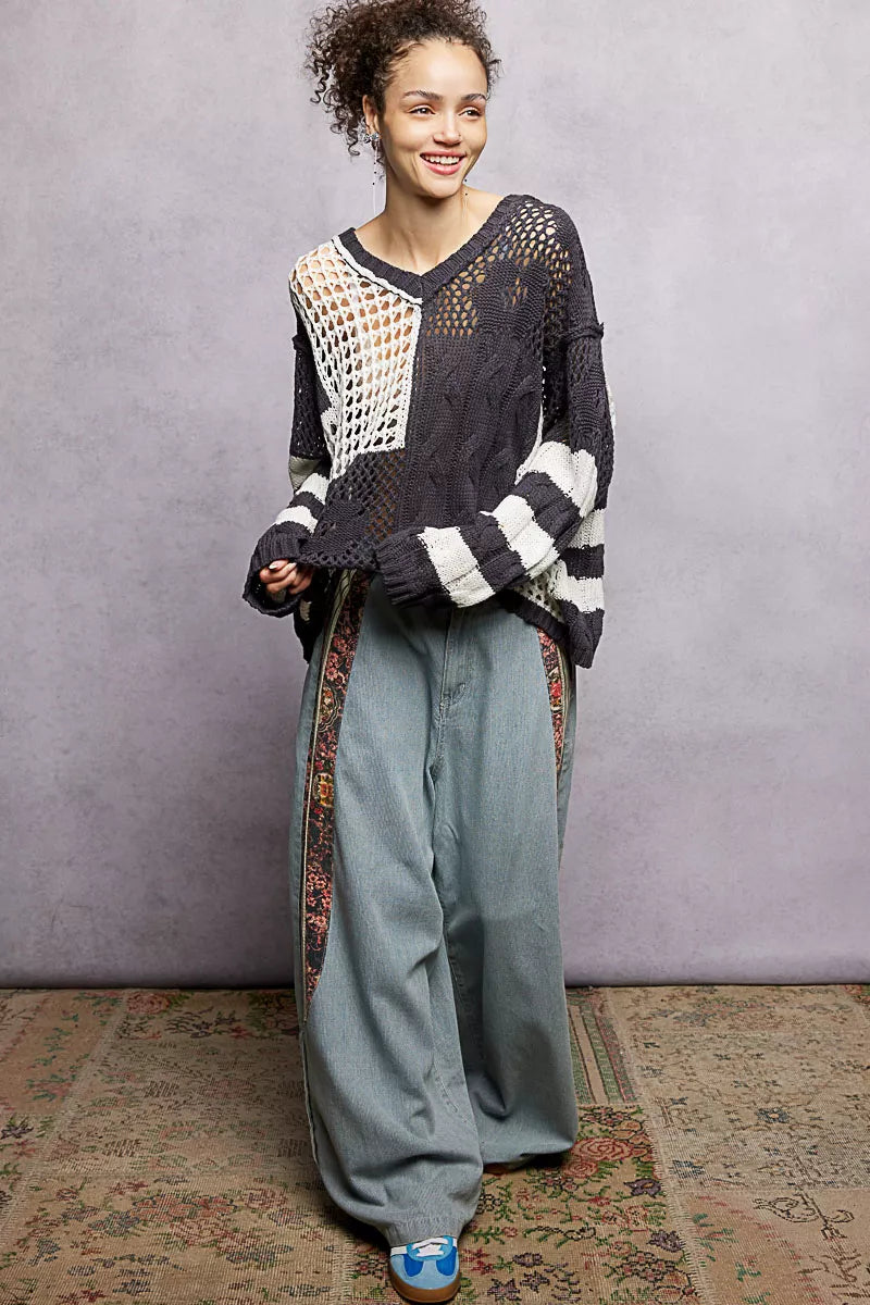POL Color-Blocked Stripe Pattern Knit Top with Twisted Weave OutfitFlow