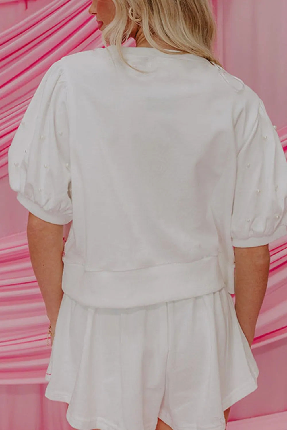Contrast Bow Trim Pearl Puff Sleeve Blouse and Skort 2pcs Set OutfitFlow