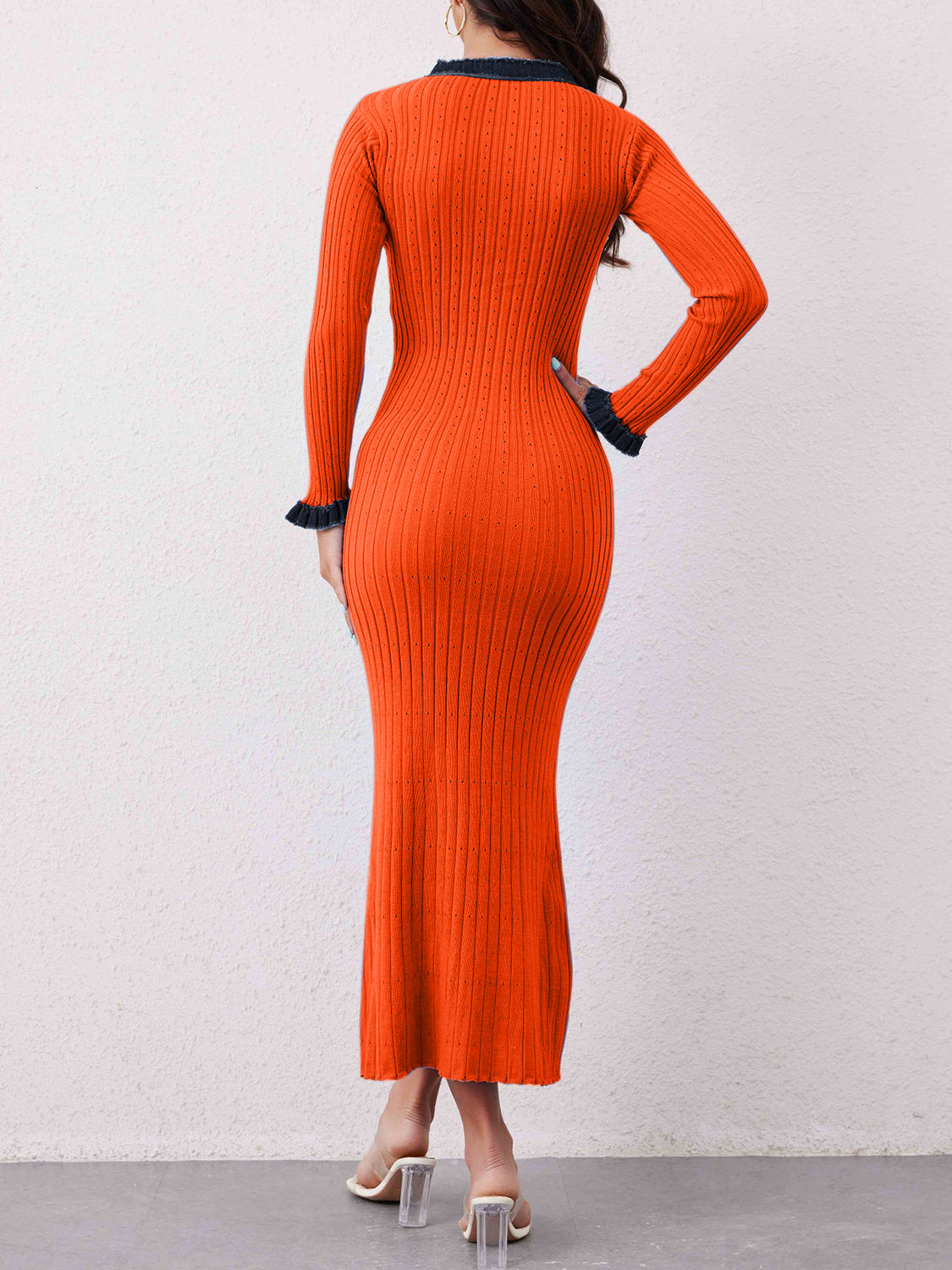 Outfit Flow - Contrast Trim Round Neck Long Sleeve Sweater Dress