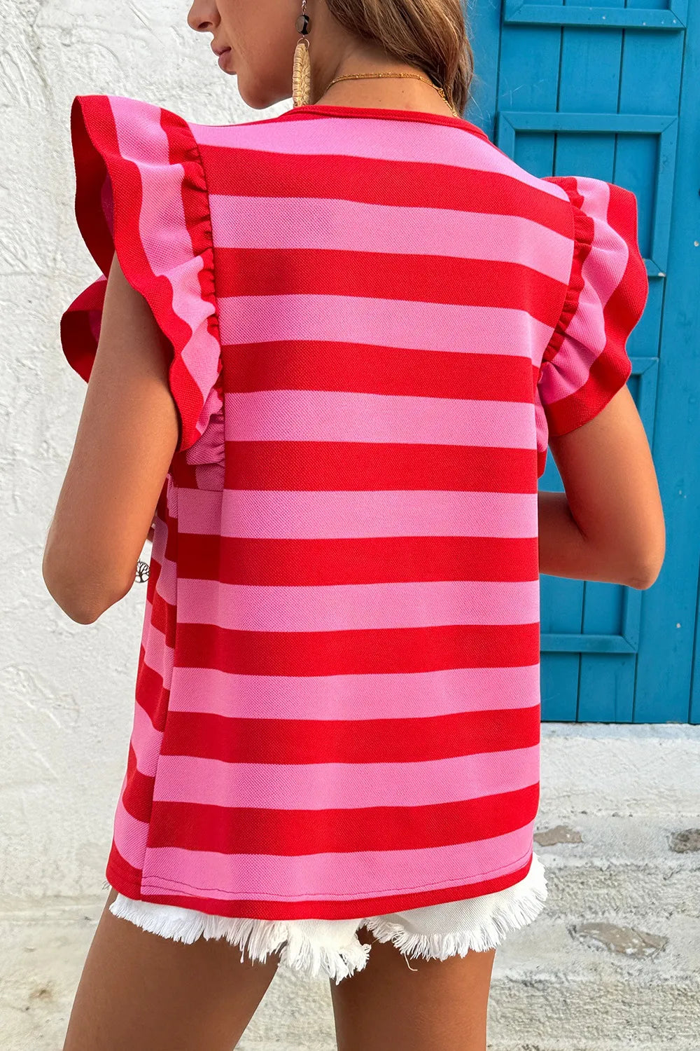 Striped Ruffle Sleeve Summer T-Shirt OutfitFlow