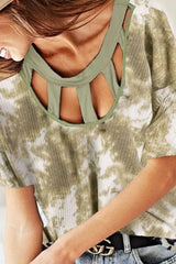 BiBi Tie Dye Print Waffle Top with Contrast Caged Neck OutfitFlow