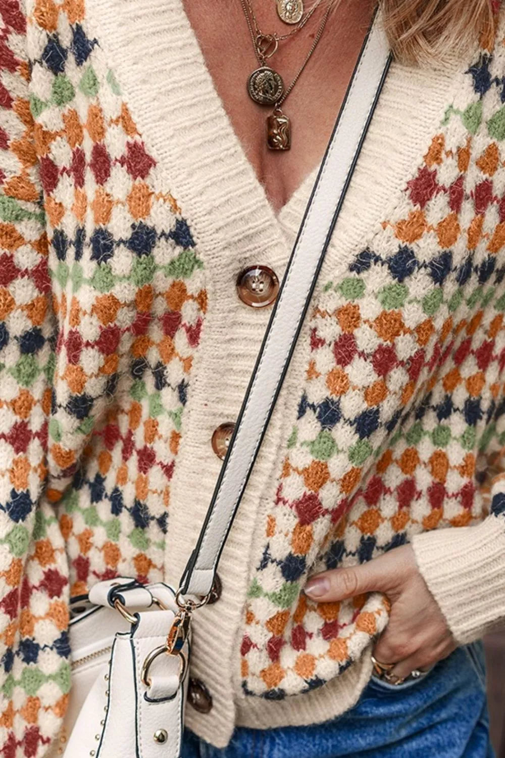 Multicolour Dotty Pattern Knit Button Front Cardigan OutfitFlow