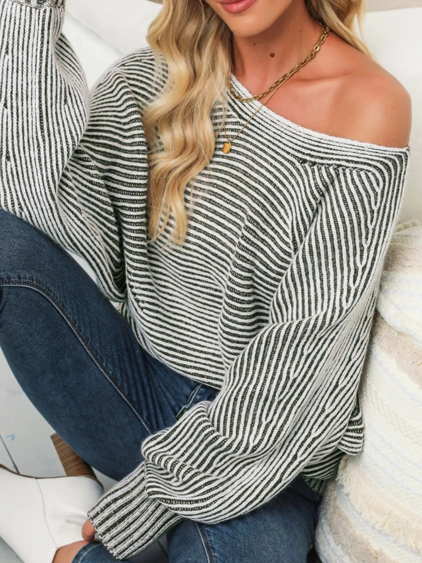 Striped Ribbed Knit Boat Neck Baggy Sweater OutfitFlow