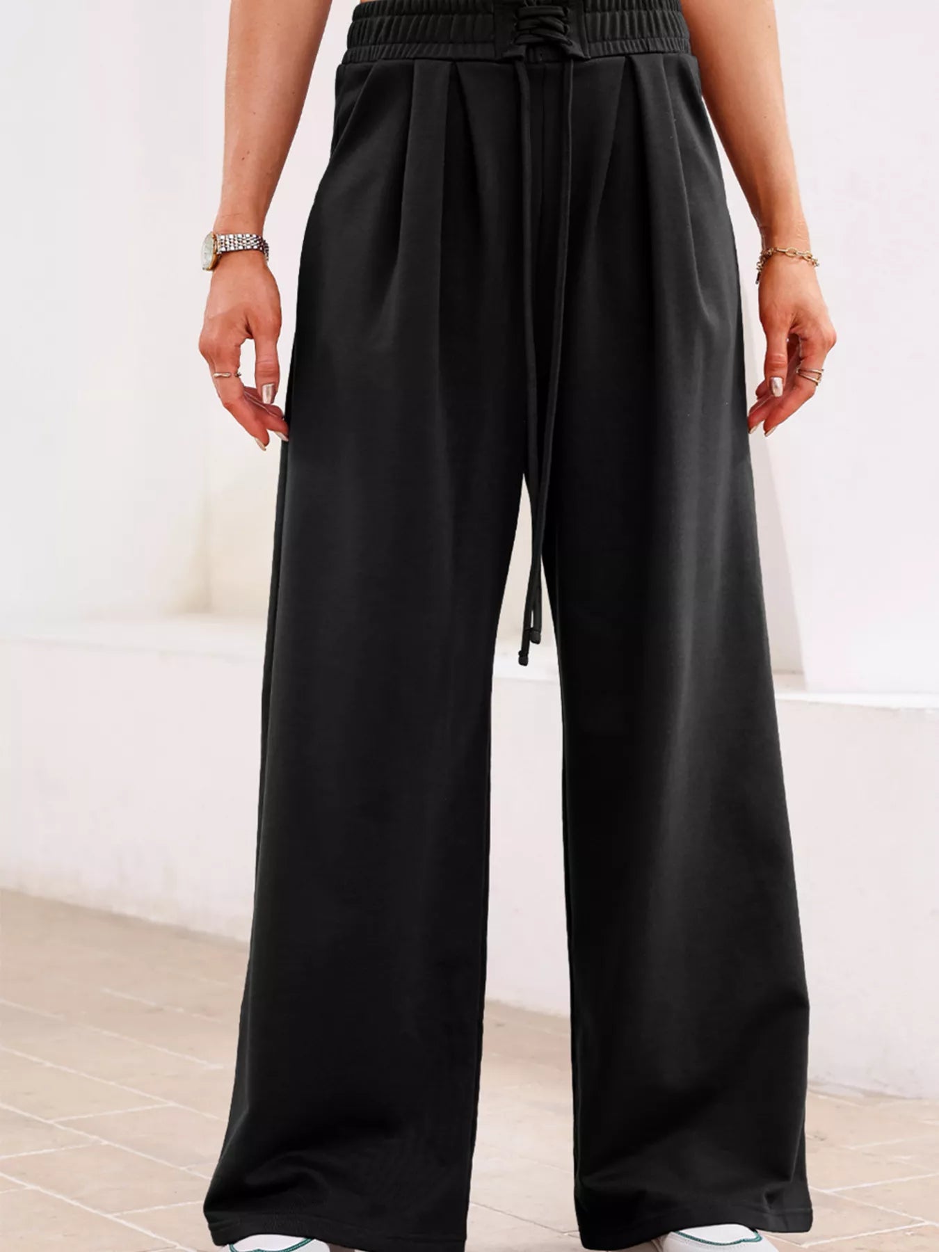 Tied Elastic High Waist Pleated Detail Solid Sweatpants OutfitFlow