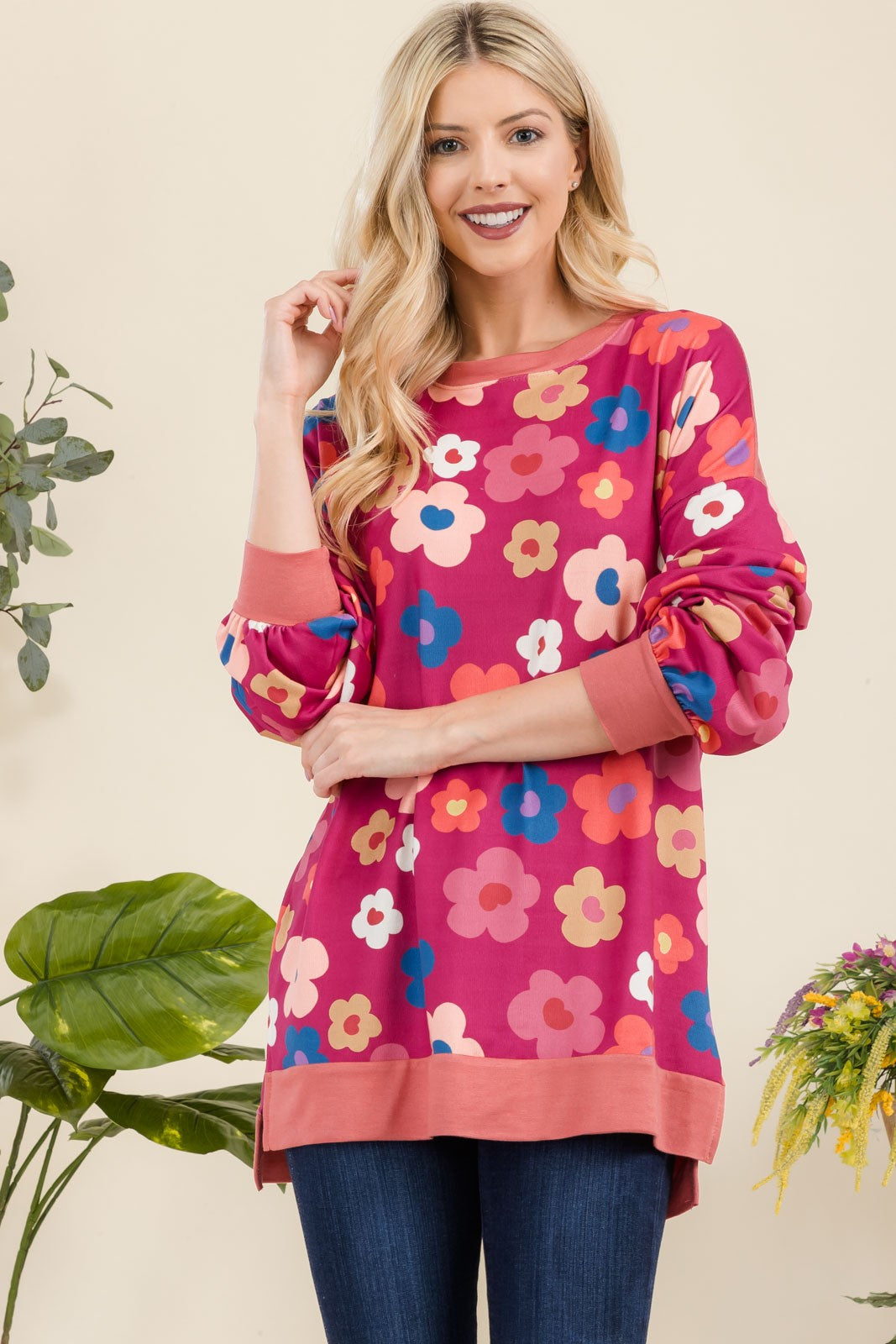 Outfit Flow - Celeste Full Size Side Slit Flower Print Long Sleeve Top