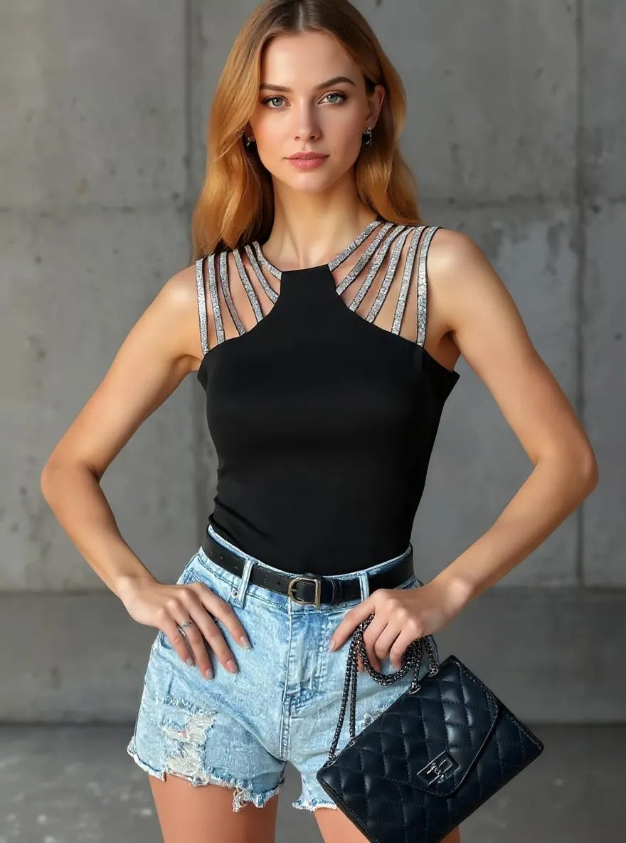 Cutout Sleeveless Tank Top Black OutfitFlow
