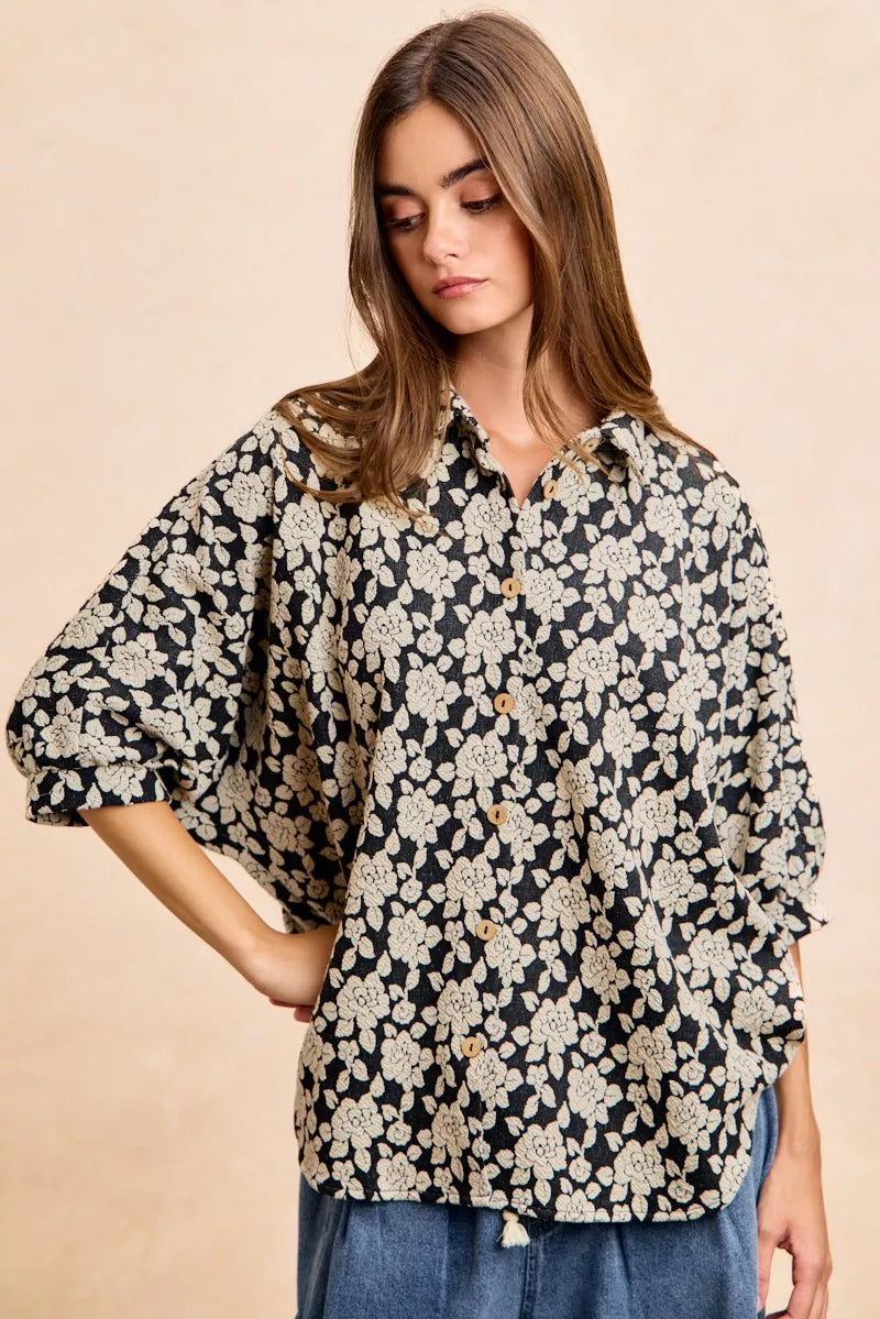 BiBi Floral Jacquard Short Dolman Sleeves Shirt OutfitFlow