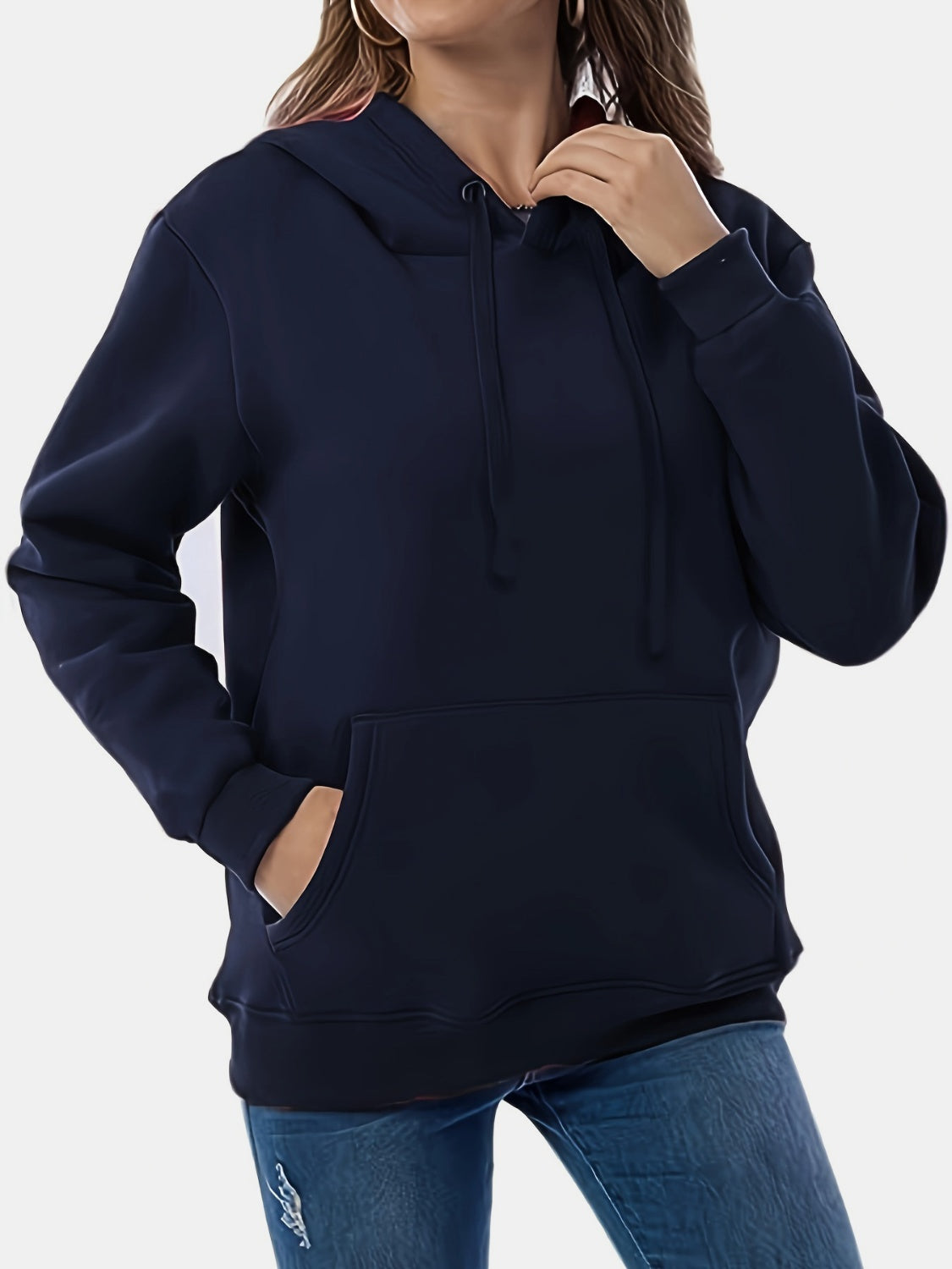 Drawstring Long Sleeve Hoodie with Kangaroo Pocket Dark Blue OutfitFlow