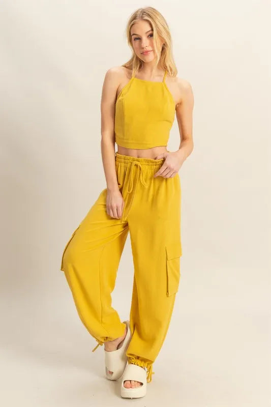 HYFVE Crop Top and Cargo Pants Set MUSTARD OutfitFlow