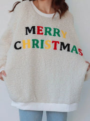 Merry Christmas Sherpa Fleece Sweatshirt Beige OutfitFlow