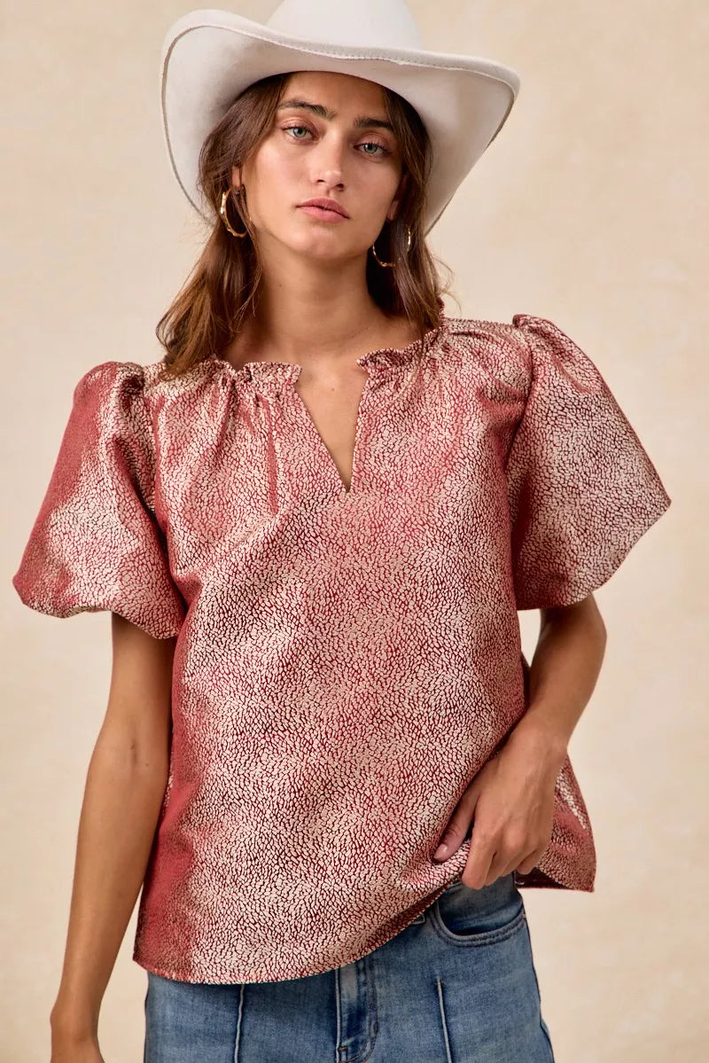 BiBi Jacquard Woven Short Balloon Sleeves V Neck Top OutfitFlow