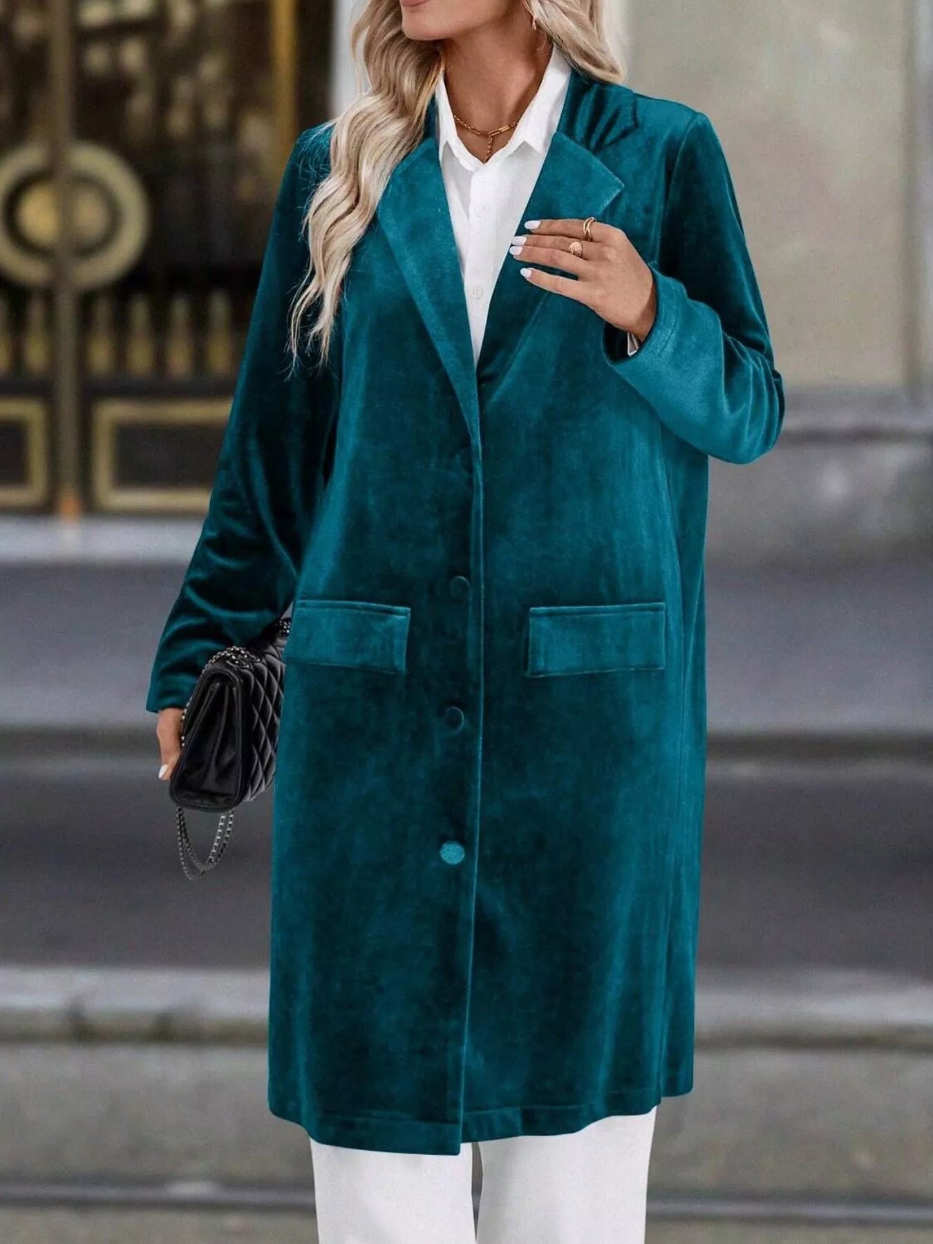 Lapel Collar Long Sleeve Longline Coat OutfitFlow