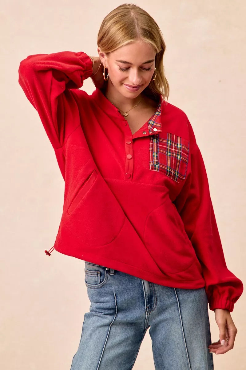 BiBi Christmas Theme Fleece Buttoned Top with Pockets OutfitFlow