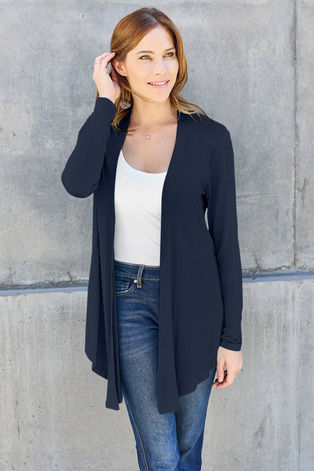 Basic Bae Full Size Open Front Long Sleeve Cardigan Dark Blue OutfitFlow