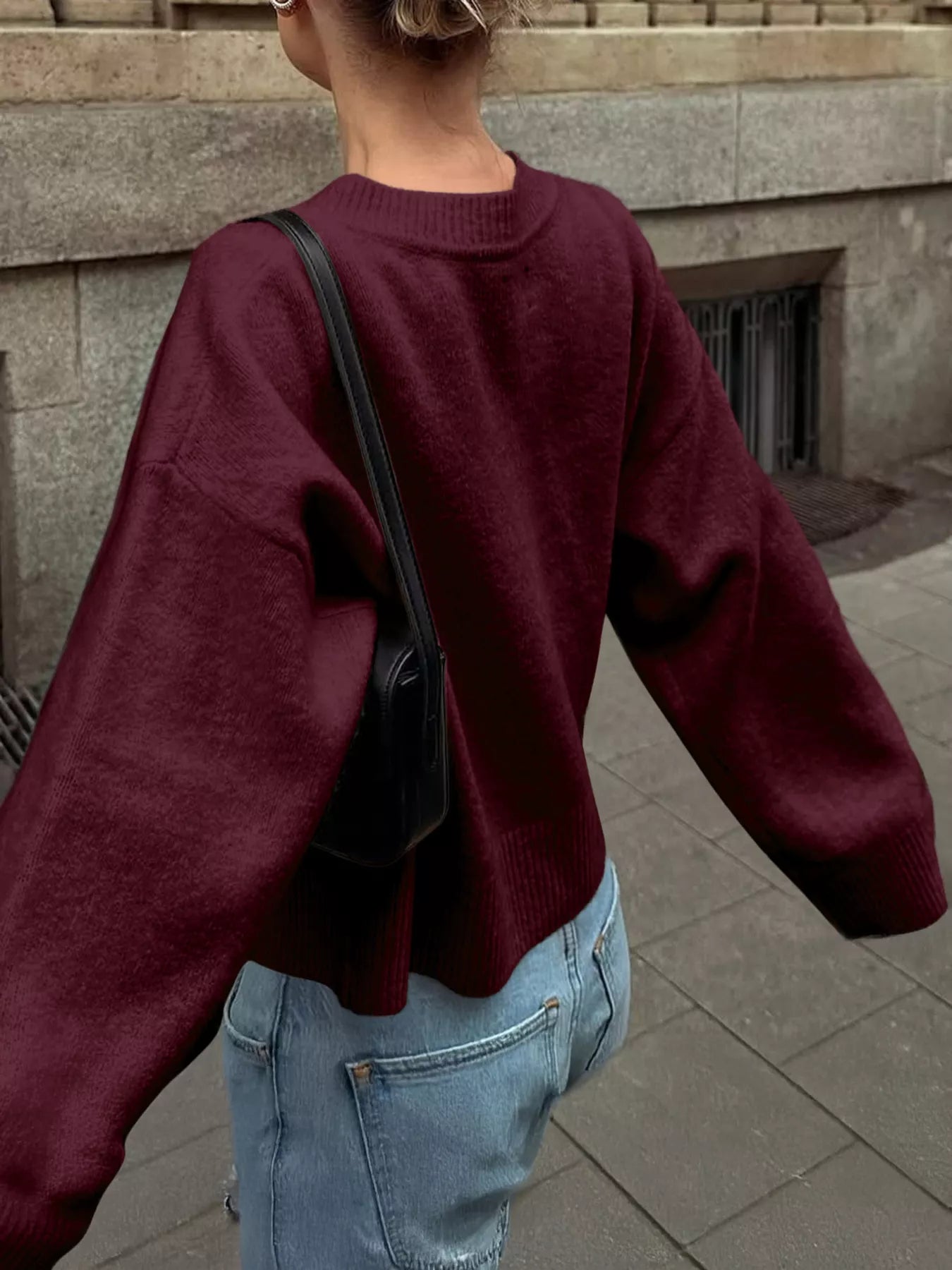 Ribbed Round Neck Dropped Shoulder Sweater OutfitFlow