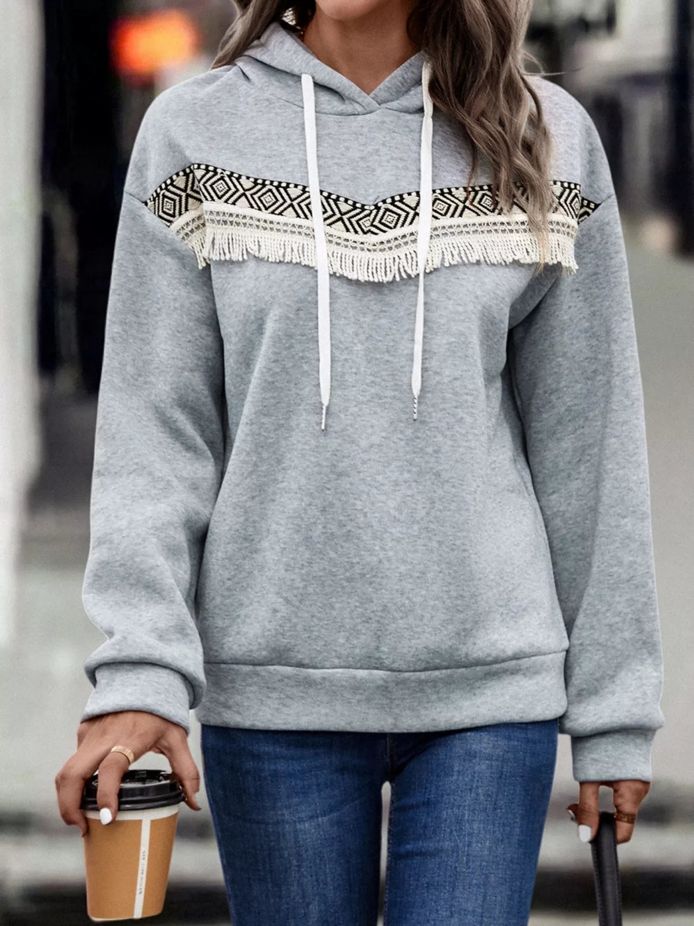 Fringe Detail Long Sleeve Drawstring Hoodie Light Gray OutfitFlow