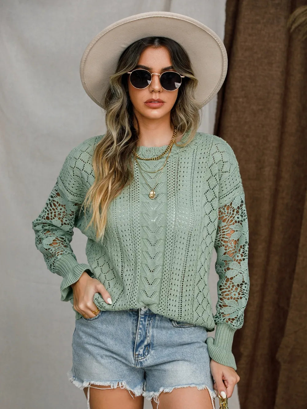 Eyelet Crochet Lantern Sleeve Sweater Trendsi