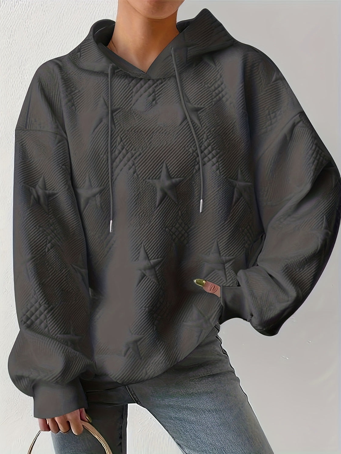 Outfit Flow - Plus Size Star Texture Long Sleeve Drawstring Hoodie