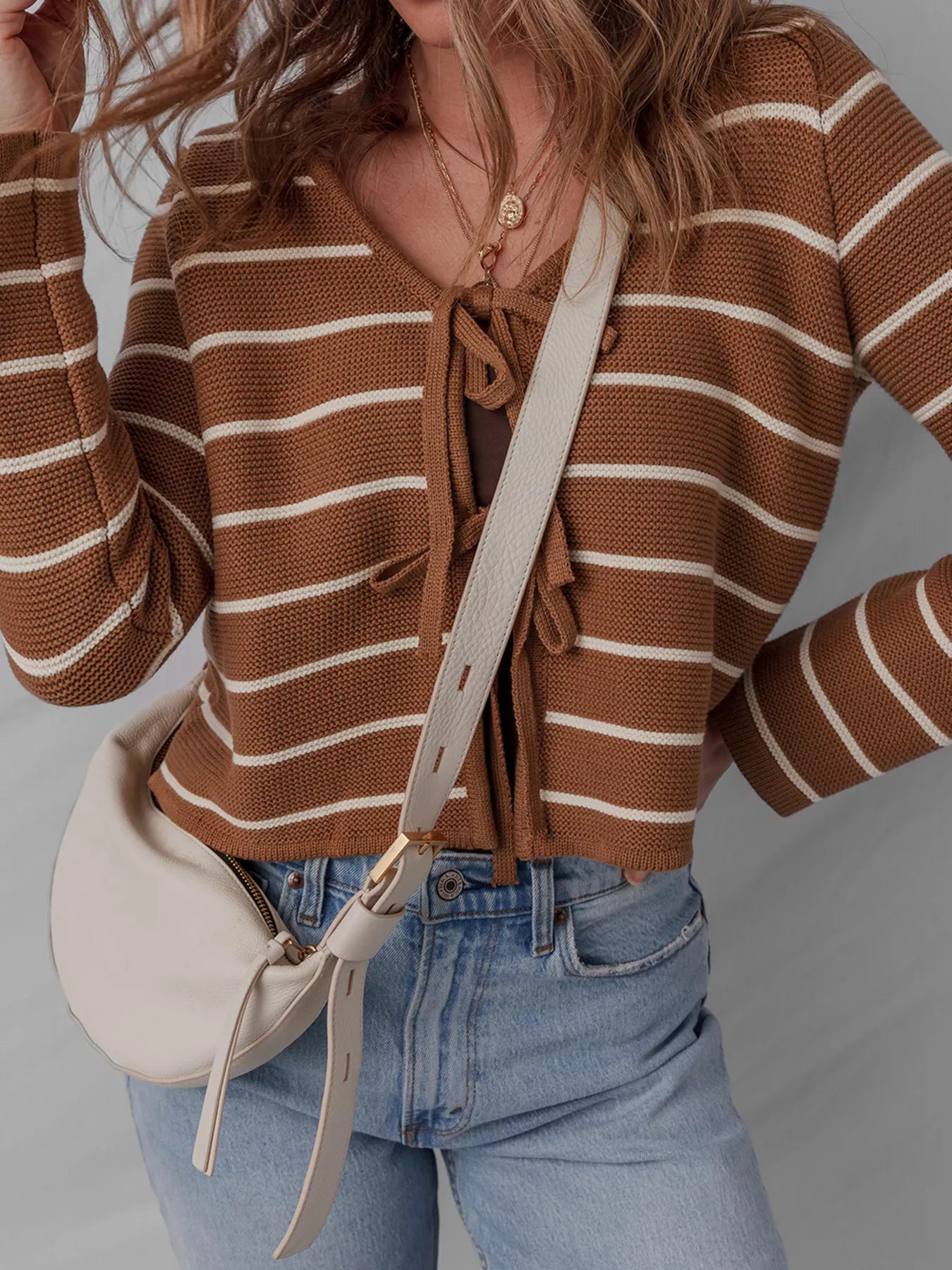 Tie Front Striped Knit V Neck Cardigan OutfitFlow