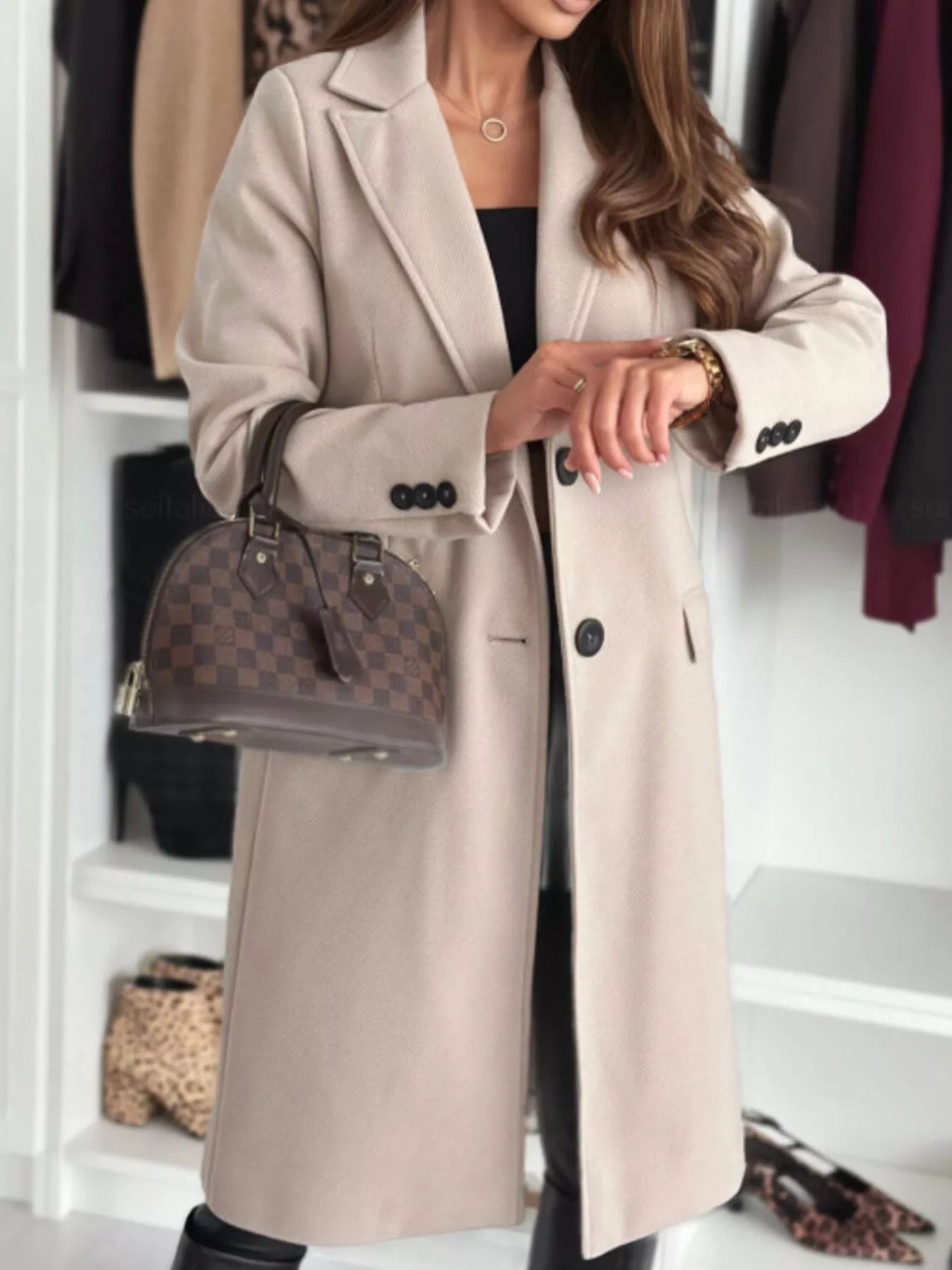 Lapel Collar Long Sleeve Coat OutfitFlow