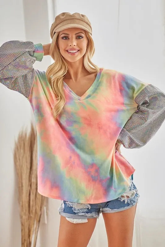 BiBi V Neck Tie Dye French Terry Top with Shiny Trendsi