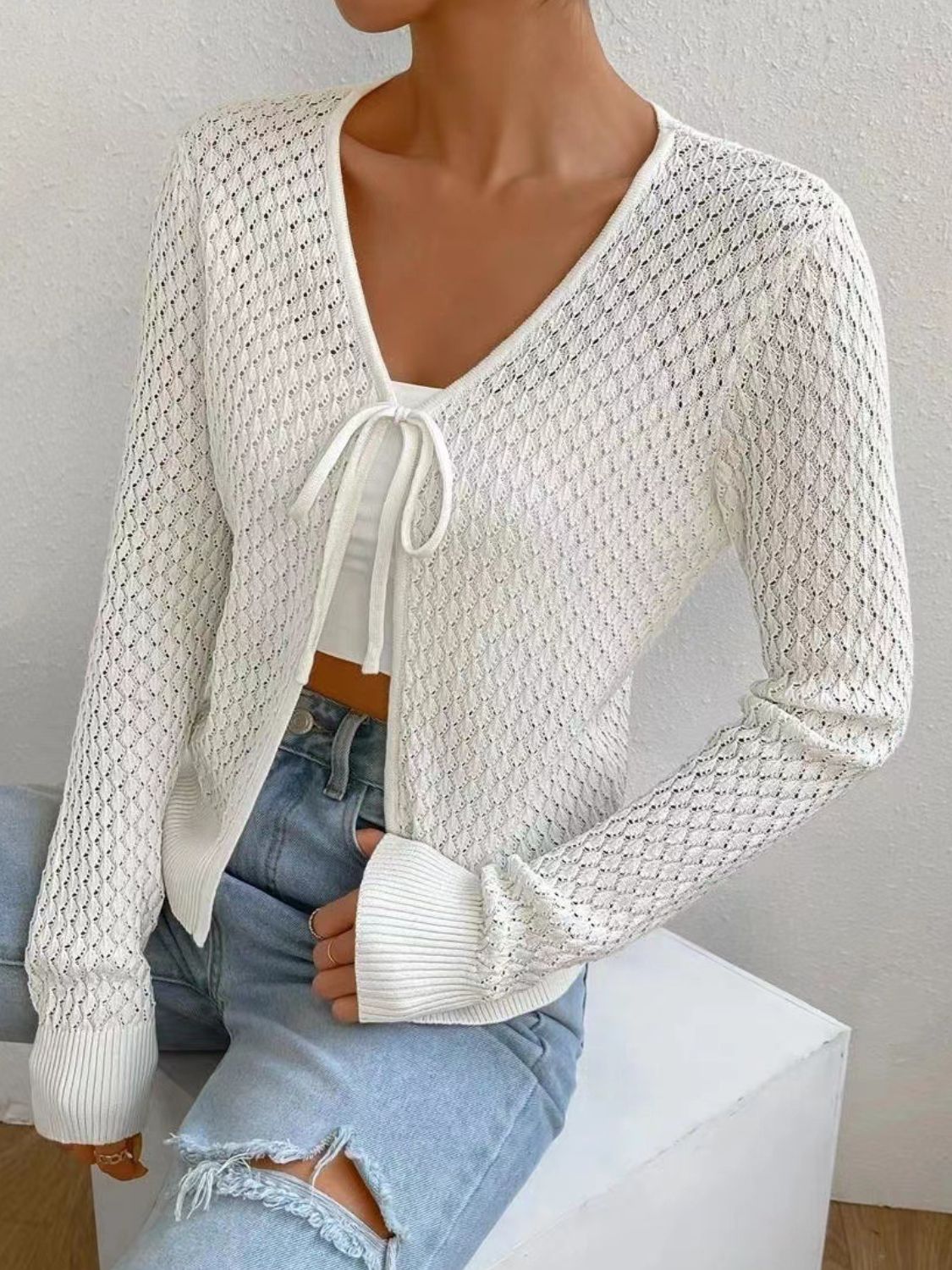 Outfit Flow - Tied Openwork V-Neck Long Sleeve Cardigan