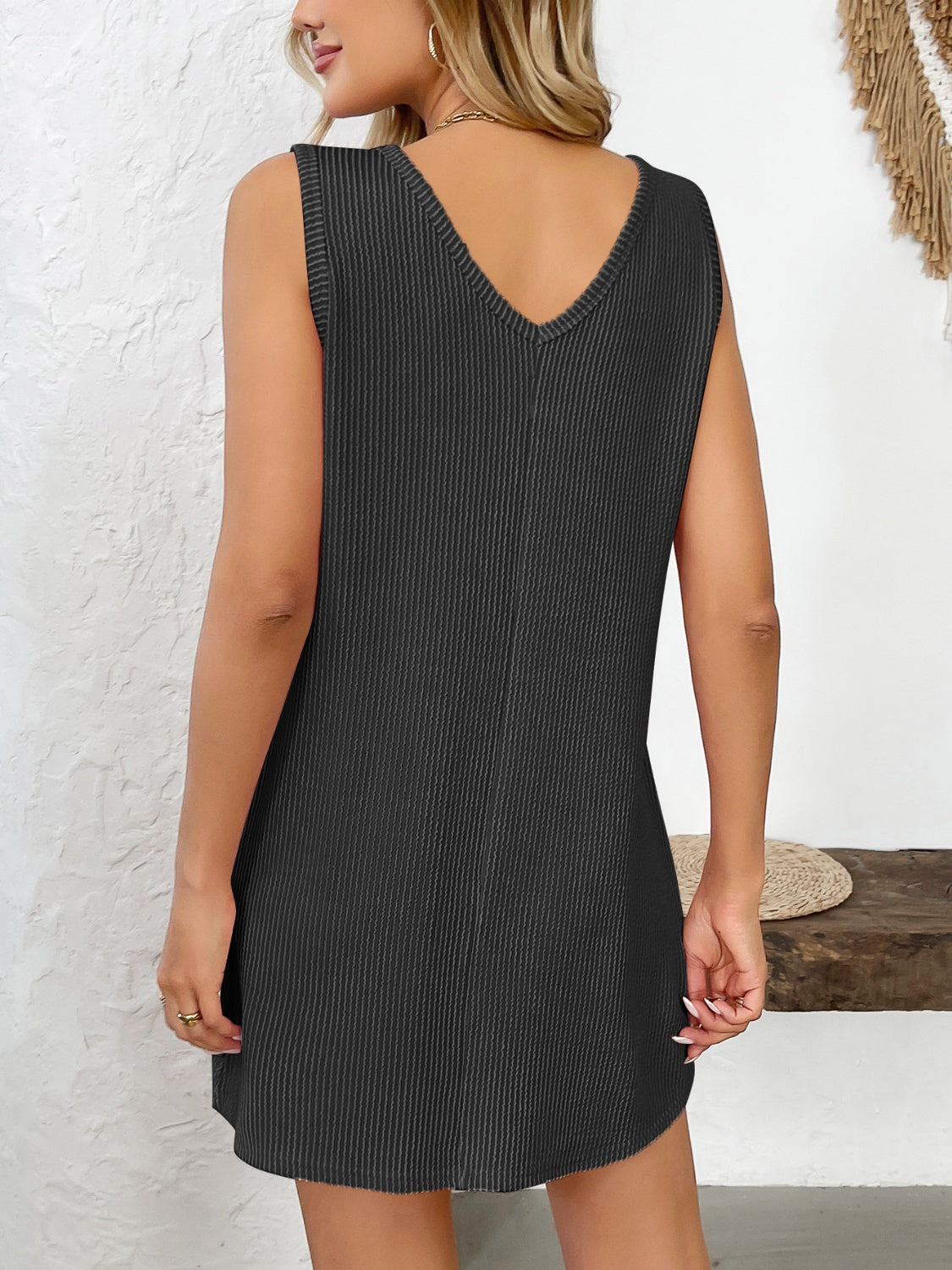 Outfit Flow - Texture Pocketed V-Neck Tank Dress