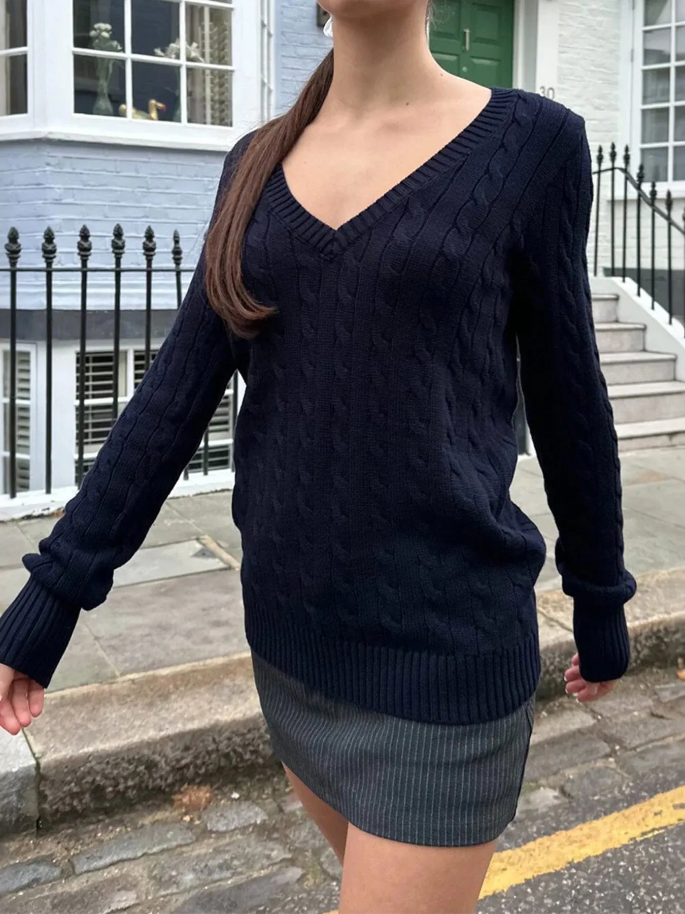 Cable Knit V-Neck Sweater Trendsi