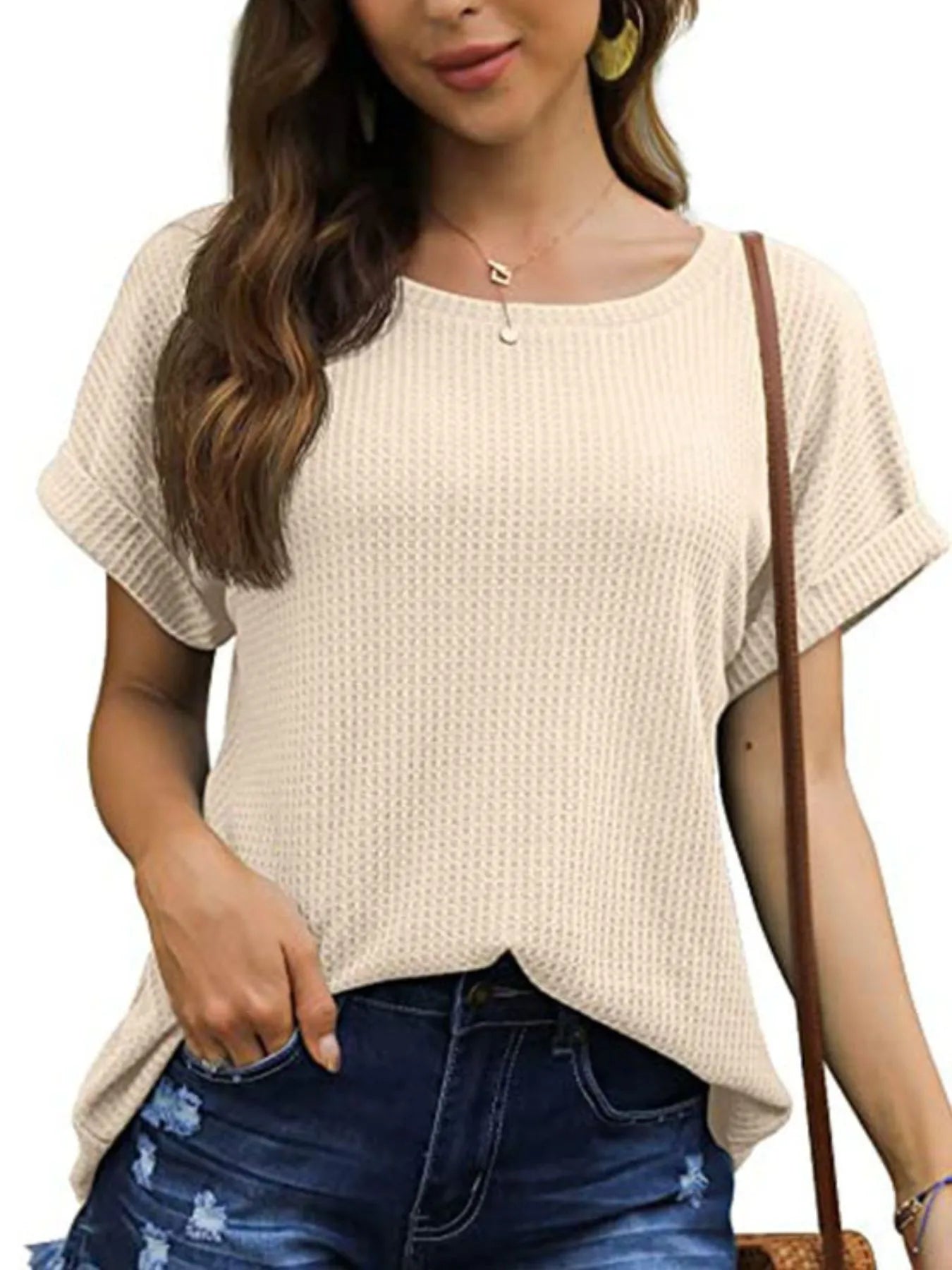 Full Size Waffle Knit Relaxed Fit T-Shirt Plus Size Apricot OutfitFlow