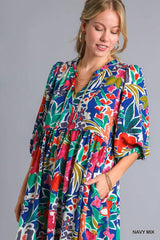 Umgee Floral Print Tie Neck Midi Dress with Pockets Trendsi