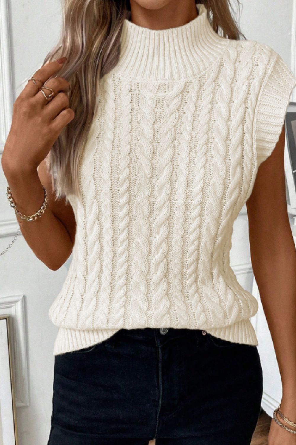 Outfit Flow - Cable Knit Turtleneck Sweater Vest