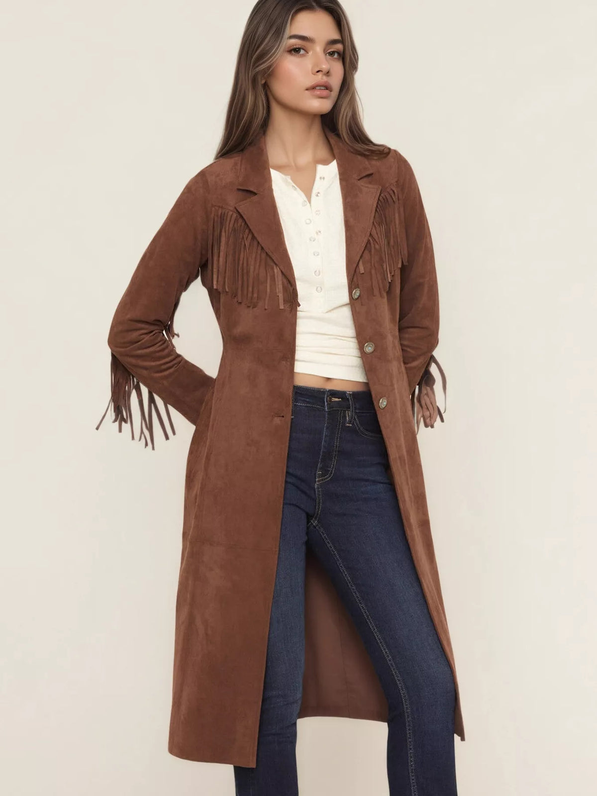 Fringe Lapel Collar Long Sleeve Coat Brown Trendsi