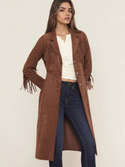 Fringe Lapel Collar Long Sleeve Coat Brown Trendsi