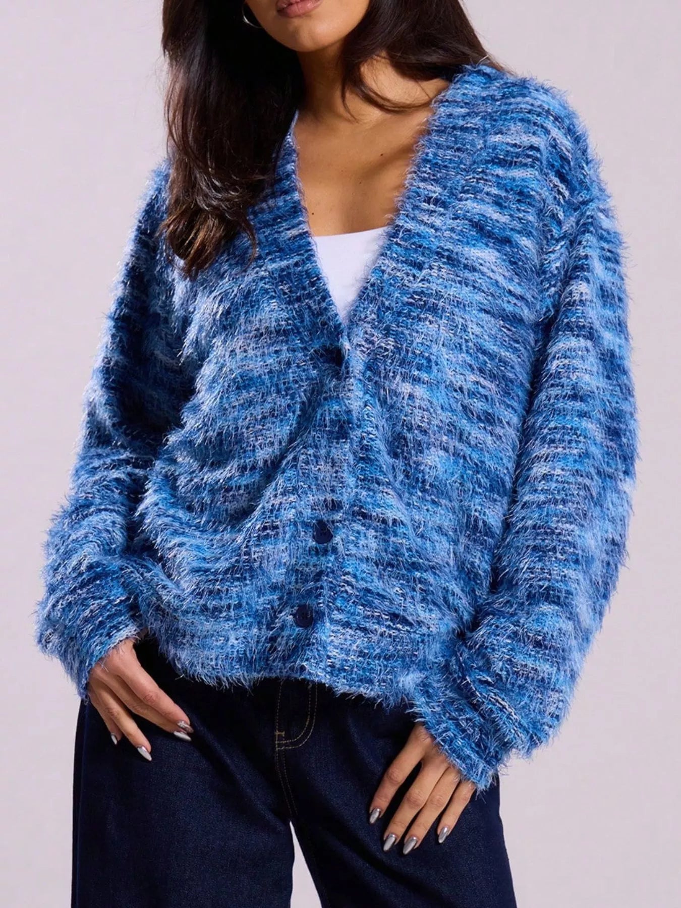 Chunky Knit V-Neck Button-Up Cardigan Royal Blue OutfitFlow