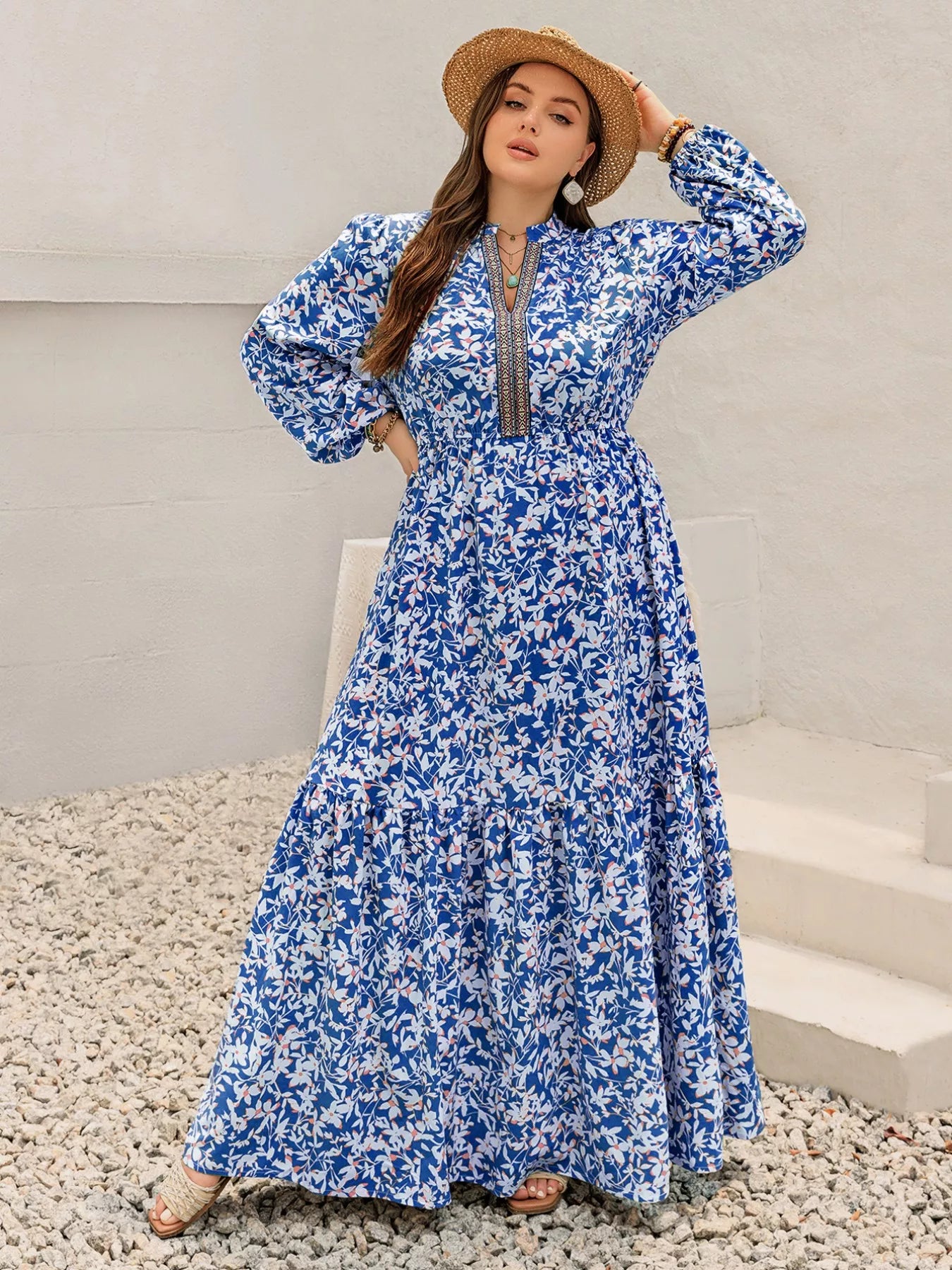 Plus Size Floral Print Bohemian Maxi Dress OutfitFlow