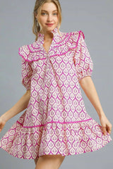 Umgee Ruffled Printed Puff Sleeve Mini Dress Red-Violet OutfitFlow