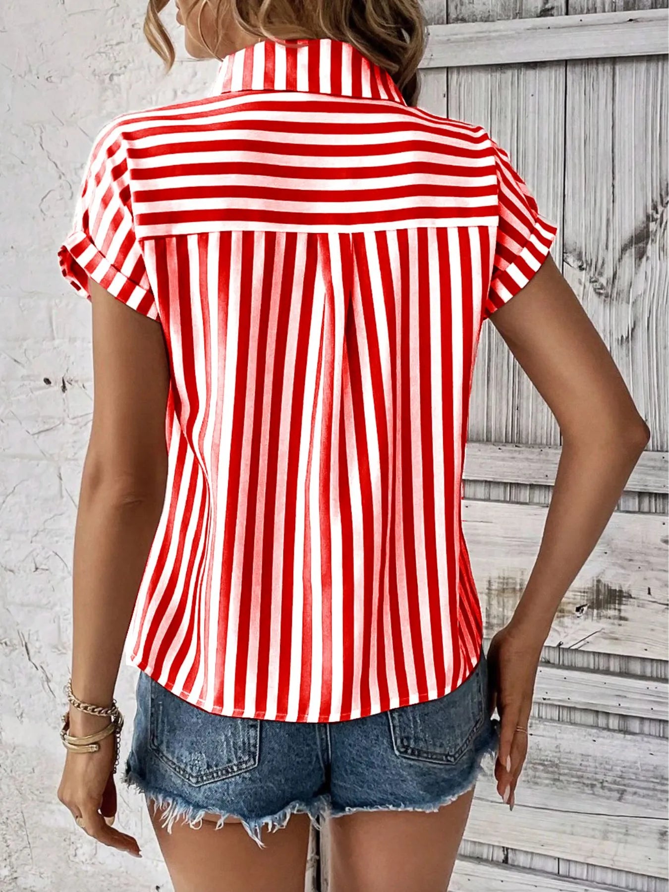 Striped Button-Up Short Sleeve Shirt with Pocket OutfitFlow